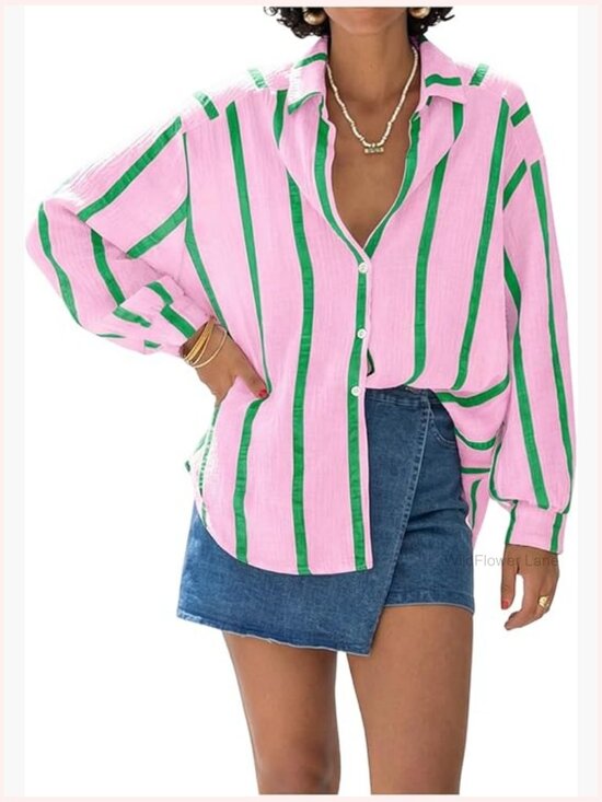 Tops - Striped Button Down Blouse Oversized Long Sleeve Collared Shirt